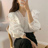 Chic Lace French Ruffle Puff Sleeve Long Sleeve Shirt for Women, V-neck