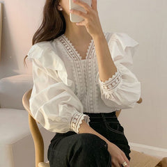 Chic Lace French Ruffle Puff Sleeve Long Sleeve Shirt for Women, V-neck