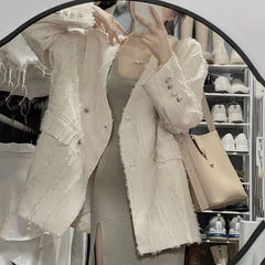 Feather Tassel Blazer with Heart Buttons – Elegant Jacket for Women