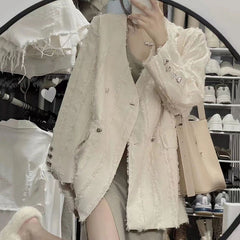 Feather Tassel Blazer with Heart Buttons – Elegant Jacket for Women