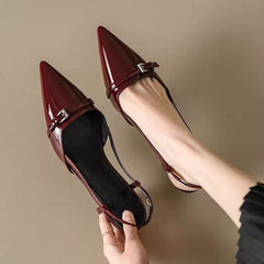 Wine Red Patent Leather Pointed Toe Mules – Vintage Mid-Heel Backless