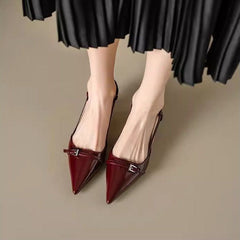Wine Red Patent Leather Pointed Toe Mules – Vintage Mid-Heel Backless