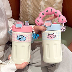 Insulated Water Bottle for Girls – High Aesthetic, Large Capacity, Kids' Portable Student Cup with Straw