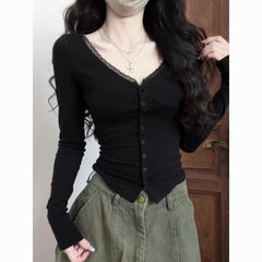 Sexy V-Neck Lace Long Sleeve Top for Women – Slim Fit Waist-Shaping T-Shirt