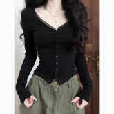Sexy V-Neck Lace Long Sleeve Top for Women – Slim Fit Waist-Shaping T-Shirt