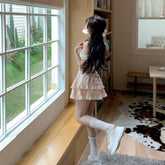 Sweet Floral Two-Piece Set for Women – Puff Sleeve Top and Princess Style Skirt