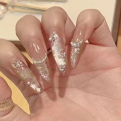 Golden Jade Bloom Cat Eye Handmade Press-On Nails – Elegant High-End Hand-Painted False Nails