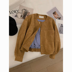 Korean Style Suede Short Jacket for Women – Fashionable Petite Outerwear Versatile Chic Top