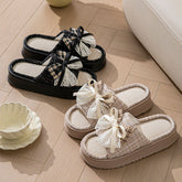 Lace Bow Linen Slippers for Women – Super Soft Sweat Absorbing Non Slip Indoor Outdoor Slides