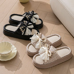 Lace Bow Linen Slippers for Women – Super Soft Sweat Absorbing Non Slip Indoor Outdoor Slides