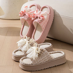 Lace Bow Linen Slippers for Women – Super Soft Sweat Absorbing Non Slip Indoor Outdoor Slides