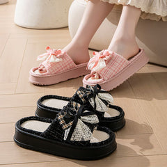 Lace Bow Linen Slippers for Women – Super Soft Sweat Absorbing Non Slip Indoor Outdoor Slides