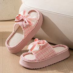Lace Bow Linen Slippers for Women – Super Soft Sweat Absorbing Non Slip Indoor Outdoor Slides