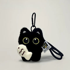 Cute Black Cat Plush Keychain – Big Eyes, Fish Hugging Cat Bag Charm, Creative Couple Keyring