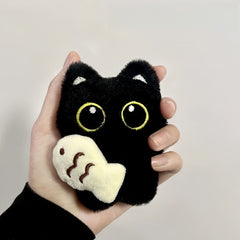 Cute Black Cat Plush Keychain – Big Eyes, Fish Hugging Cat Bag Charm, Creative Couple Keyring