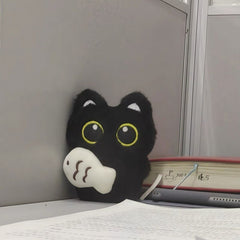 Cute Black Cat Plush Keychain – Big Eyes, Fish Hugging Cat Bag Charm, Creative Couple Keyring