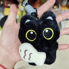 Cute Black Cat Plush Keychain – Big Eyes, Fish Hugging Cat Bag Charm, Creative Couple Keyring