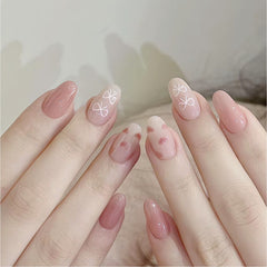 Sweet Heart Nude Press-On Nails with Bow – INS Style Elegant Fake Nail Tips