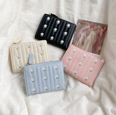 Embroidered Floral Short Wallet – Cute Fresh Small Purse for Women