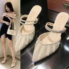 Pearl Block Heel Closed-Toe Slip-On Sandals