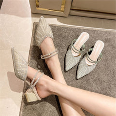 Pearl Block Heel Closed-Toe Slip-On Sandals