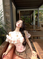 Floral Off-Shoulder Ruffle Blouse – Lace Trim Slim Fit Feminine Top