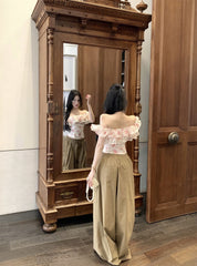 Floral Off-Shoulder Ruffle Blouse – Lace Trim Slim Fit Feminine Top