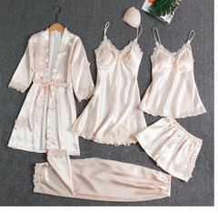 Silk 5-Piece Women's Sleepwear Set with Chest Pads – Camisole Dress, Robe & Loungewear
