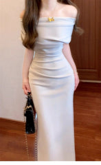 French Cowl Neck Asymmetric Off-Shoulder Ruched Bodycon Dress