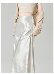 High Waist Acetate Satin A-Line Fishtail Midi Skirt
