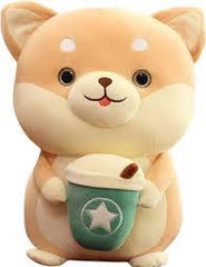 Shiba Inu Plush Toy with Boba Tea and Coffee Cup - Ultra-Soft Stuffed Dog Soft Toy