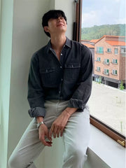 Men’s Vintage Denim Shirt – Korean Hong Kong Style Casual Long Sleeve Overshirt