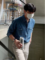 Men’s Vintage Denim Shirt – Korean Hong Kong Style Casual Long Sleeve Overshirt