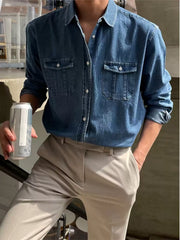 Men’s Vintage Denim Shirt – Korean Hong Kong Style Casual Long Sleeve Overshirt