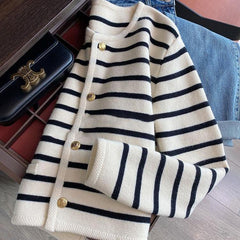 Black and White Striped Knit Cardigan Short Button Up Sweater Jacket