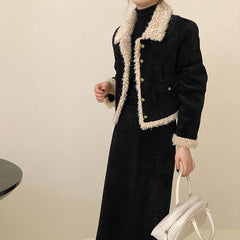 Fleece Lined Tweed Style Two Piece Outfit Slimming Jacket and Skirt Set