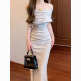 French Cowl Neck Asymmetric Off-Shoulder Ruched Bodycon Dress