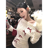 White Off-Shoulder Knit Sweater with Bow – Slim Fit Pullover for Women