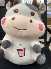 Strawberry Boba Milk Cow Plush Toy - Ultra-Soft Stuffed Animal with Bubble Tea Embroidery