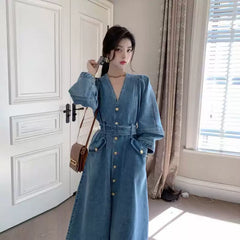 French A-Line Denim Dress – Elegant Plus Size Slimming Long Jean Dress for Women