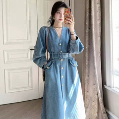 French A-Line Denim Dress – Elegant Plus Size Slimming Long Jean Dress for Women