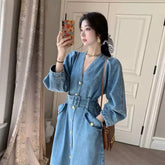 French A-Line Denim Dress – Elegant Plus Size Slimming Long Jean Dress for Women