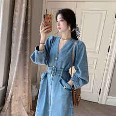 French A-Line Denim Dress – Elegant Plus Size Slimming Long Jean Dress for Women