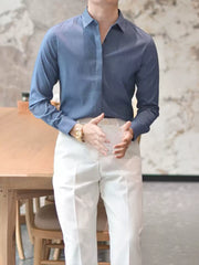 Men’s Wrinkle-Resistant Striped Shirt – Korean Style Hidden Button Smart Casual Dress Shirt