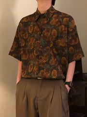 Vintage Floral Print Short Sleeve Shirt – Unisex Loose-Fit Hong Kong Style Vacation Shirt