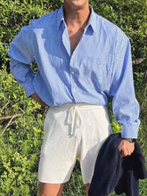 Men’s Vintage Striped Work Shirt – Loose Fit American Style Long Sleeve Pocket Shirt