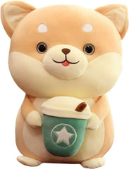 Shiba Inu Plush Toy with Boba Tea and Coffee Cup - Ultra-Soft Stuffed Dog Soft Toy