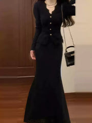 French Black Knit Dress Set for Women – Elegant Outfit for Petite Fit