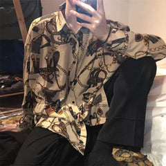 Men’s Vintage Chain Print Short Sleeve Shirt – Loose Fit Hong Kong Style Casual Top
