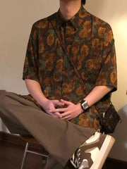 Vintage Floral Print Short Sleeve Shirt – Unisex Loose-Fit Hong Kong Style Vacation Shirt